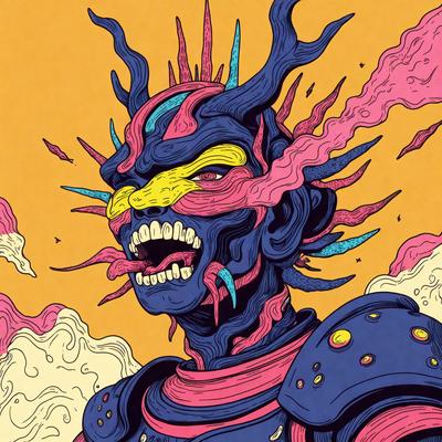 The primary subject of the image is a person with a blue and pink face, wearing a helmet and a red and blue suit. The setting is a yellow background, which adds a vibrant and lively atmosphere to the scene. The visual style is a combination of digital art and illustration, creating a unique and eye-catching image. The colors and mood convey a sense of excitement and adventure, as the person appears to be a superhero or a character from a fantasy world.